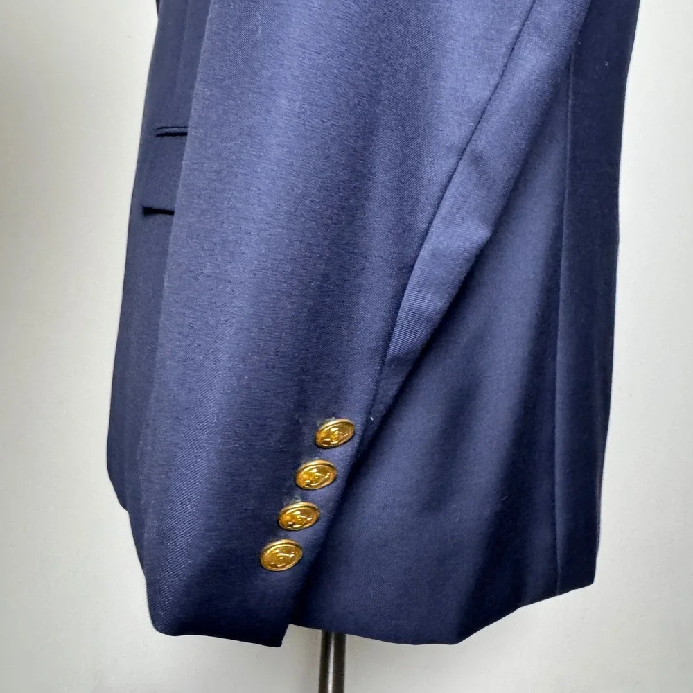 Lauren Ralph Lauren Blazer Mens‎ 48R Navy Blue Solid Wool 2-Button Gold Buttons